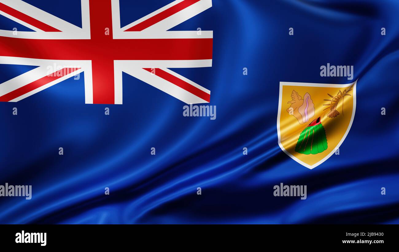 Turks- und Caicosinseln flaggen im Vollbildmodus im Hintergrund, Seidenfarbe, Nahaufnahme winkt im Wind Stockfoto