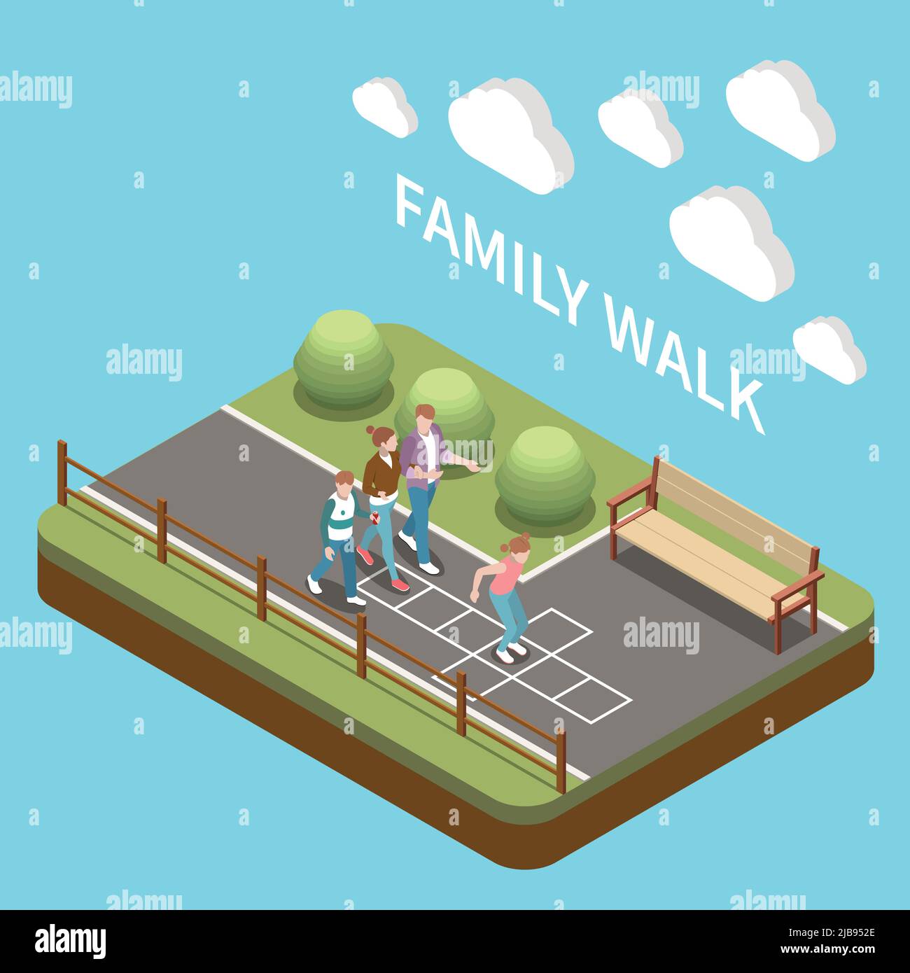 Familie Freizeit spielen isometrische Menschen Komposition mit Familie Spaziergang Beschreibung und vier Personen auf der Straße Vektor-Illustration Stock Vektor