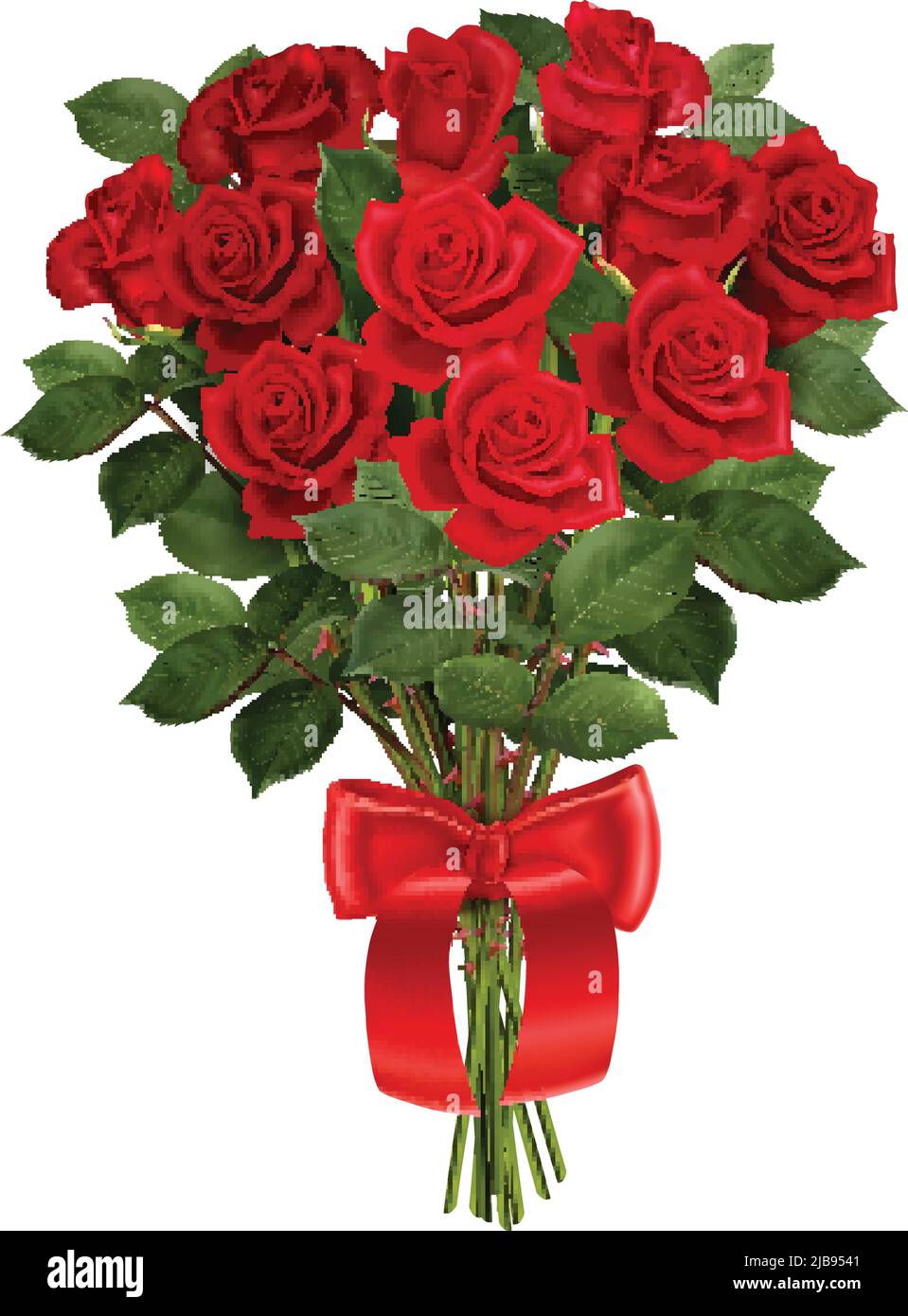 Bund von roten Rosen mit Band realistische Zusammensetzung auf weißem Hintergrund Vektor-Illustration Stock Vektor