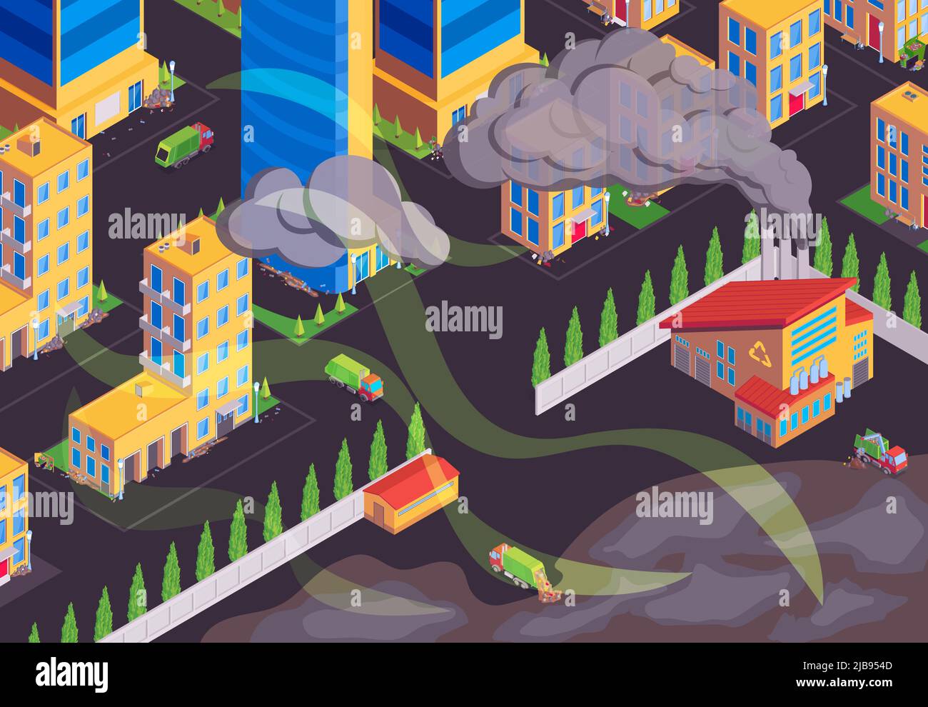 Stadt Müll Abfall Luftverschmutzung isometrische Zusammensetzung mit schweren schmutzigen Kamin Rauch in Wohngebiet Vektor-Illustration Stock Vektor