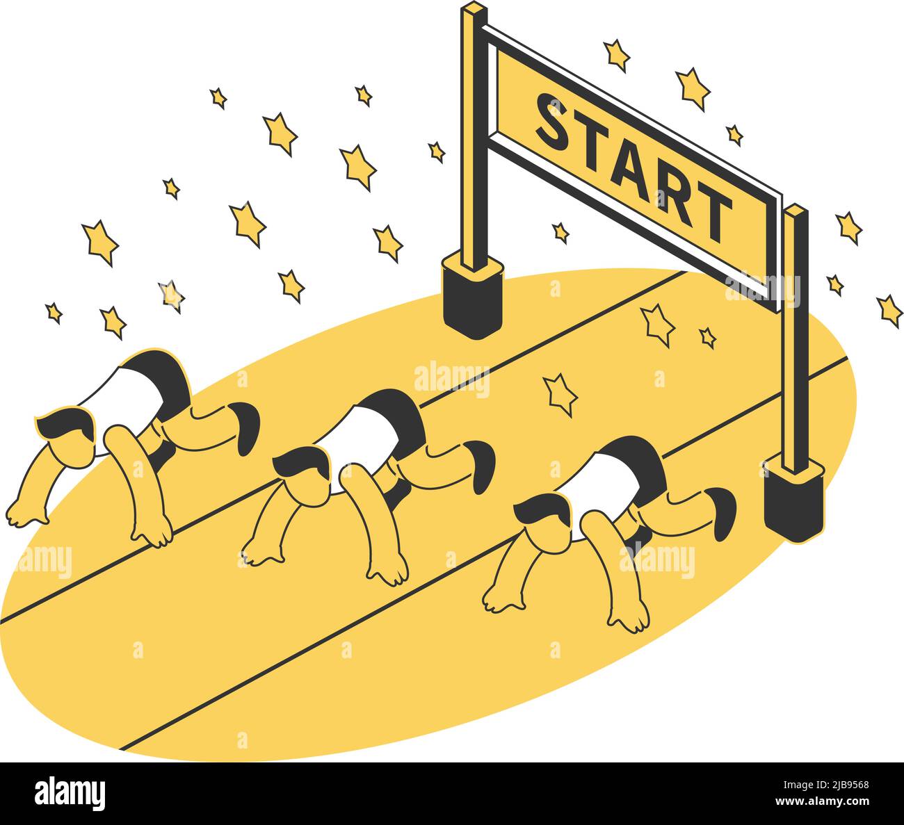 Running Competition mit drei Teilnehmern zu Beginn isometrische Vektor-Illustration Stock Vektor