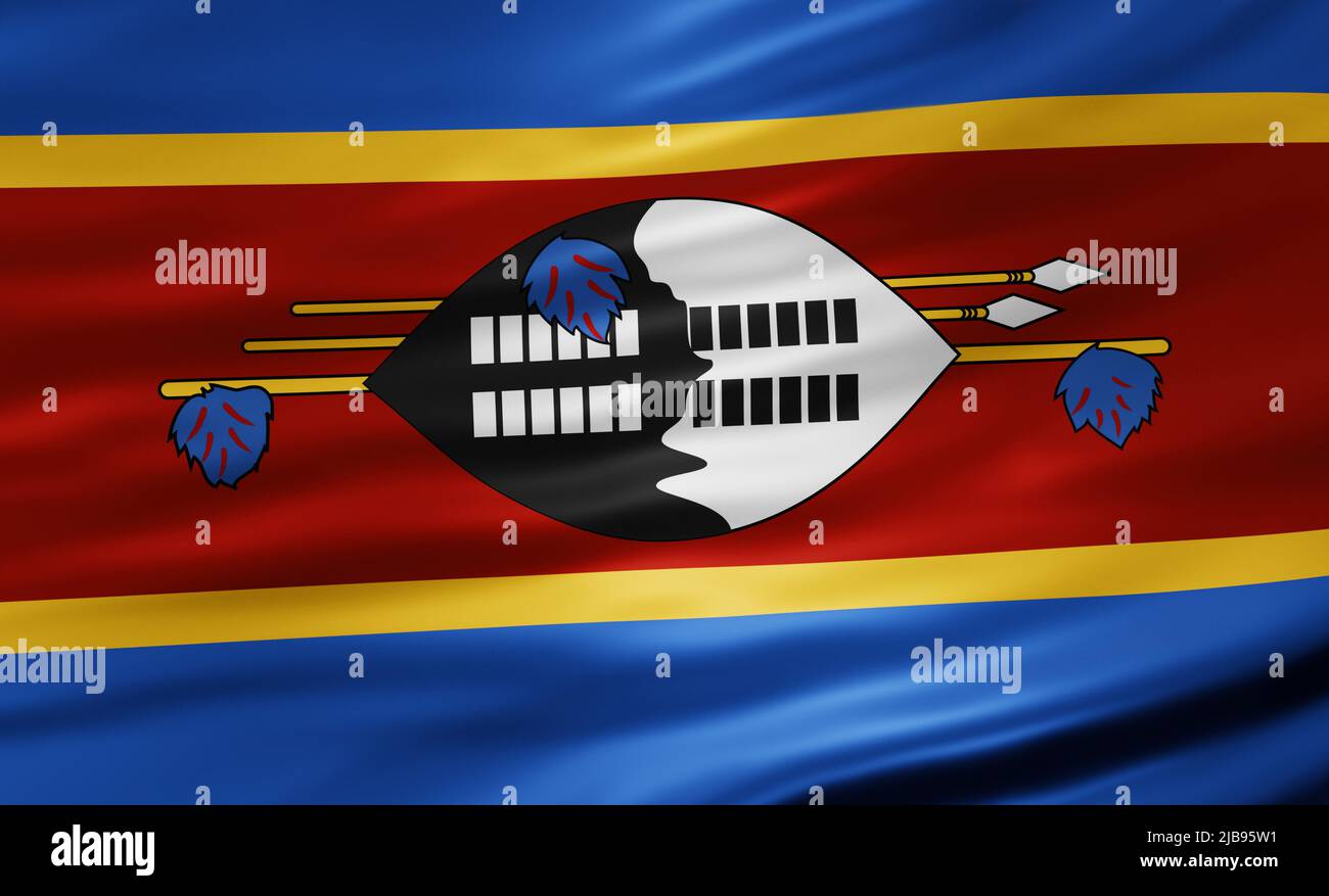 Eswatini früher Swasiland Nationalflagge Vollbild Hintergrund, Seide farbric, Nahaufnahme winken im Wind Stockfoto