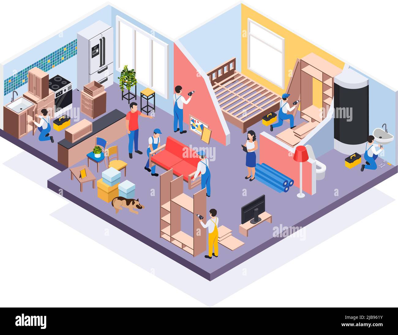 Renovierung Reparatur arbeitet isometrische Zusammensetzung mit Blick auf Wohnung und Arbeiter Montage Möbel und Bad Armaturen Vektor Illustration Stock Vektor