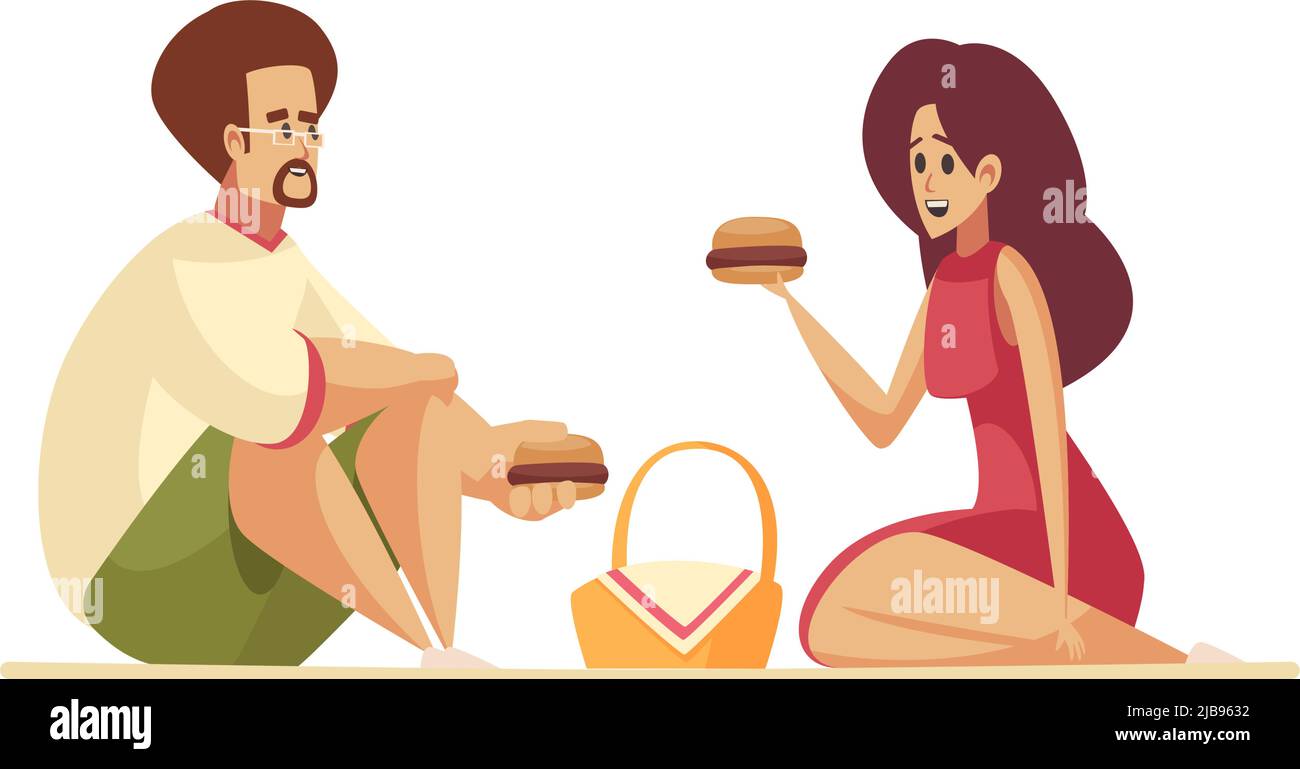 Glückliches Paar mit Picknick mit Burger flache Vektor-Illustration Stock Vektor