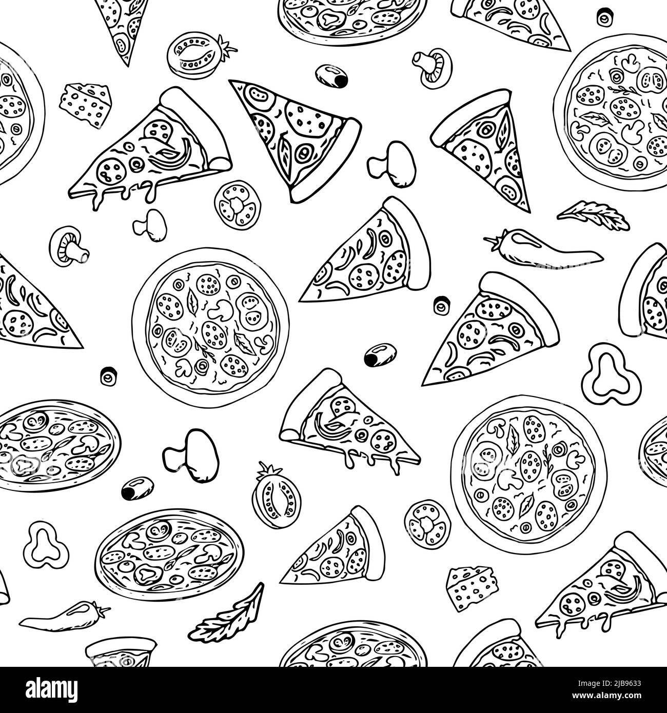 Pizza in verschiedenen Design nahtlose Muster handgezeichnete Skizze. Doodles Lebensmittel Hintergrund Stock Vektor Illustration. . Vektorgrafik Stock Vektor