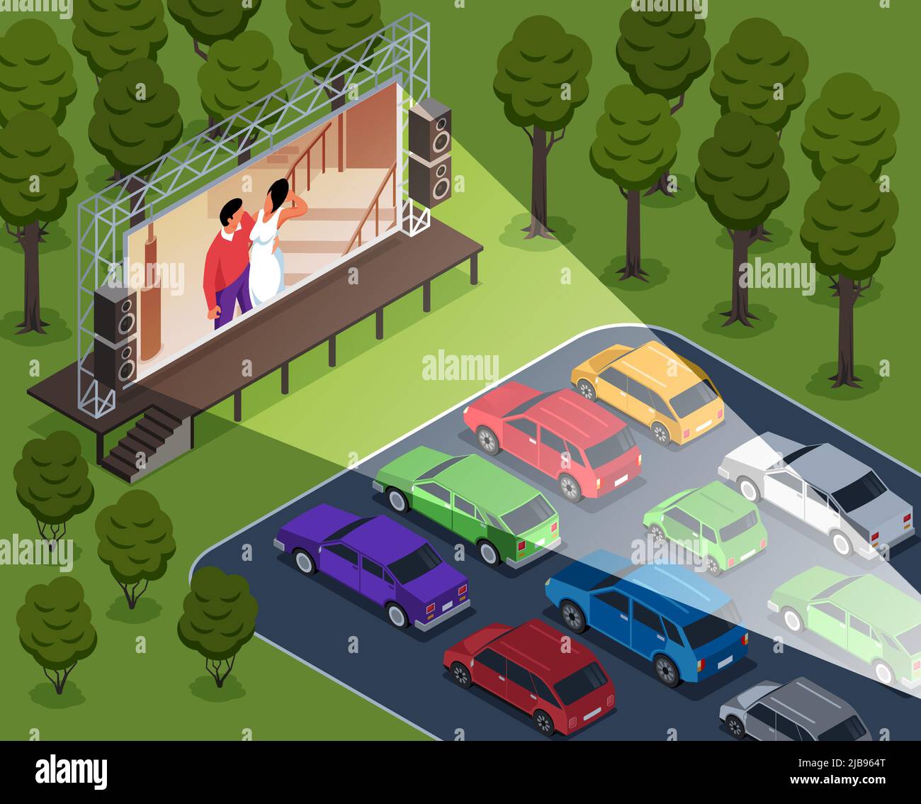 Isometrische Open-Air-Kino-Komposition mit Autos im Freien Landschaft der Drive-in-Theater-Vorführung Film Vektor Illustration Stock Vektor
