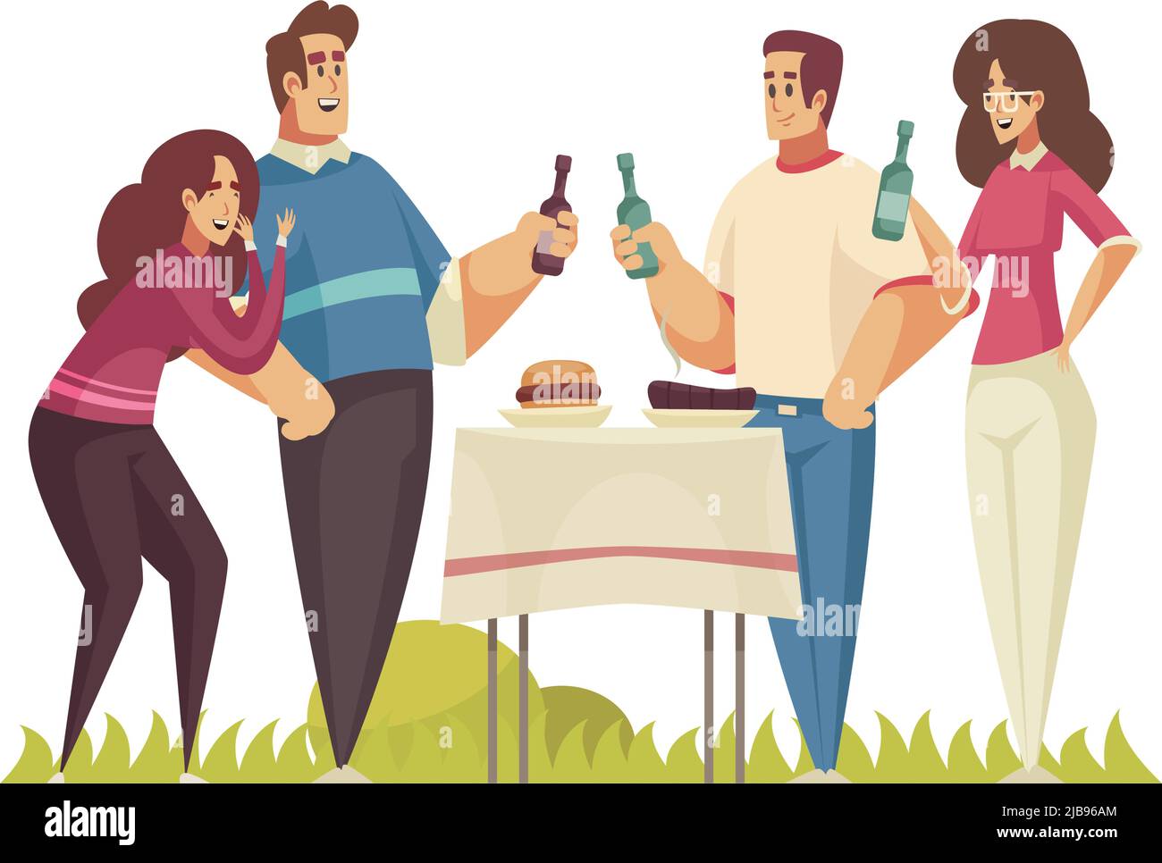 BBQ Komposition mit Gruppe von glücklichen Freunden mit Bierflaschen und Tisch mit Burger und Wurst Vektor Illustration Stock Vektor