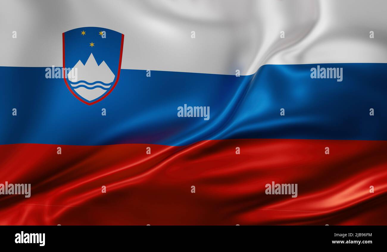 Slowenien Nationalflagge Vollbild Hintergrund, Seide farbric, Nahaufnahme winken im Wind Stockfoto
