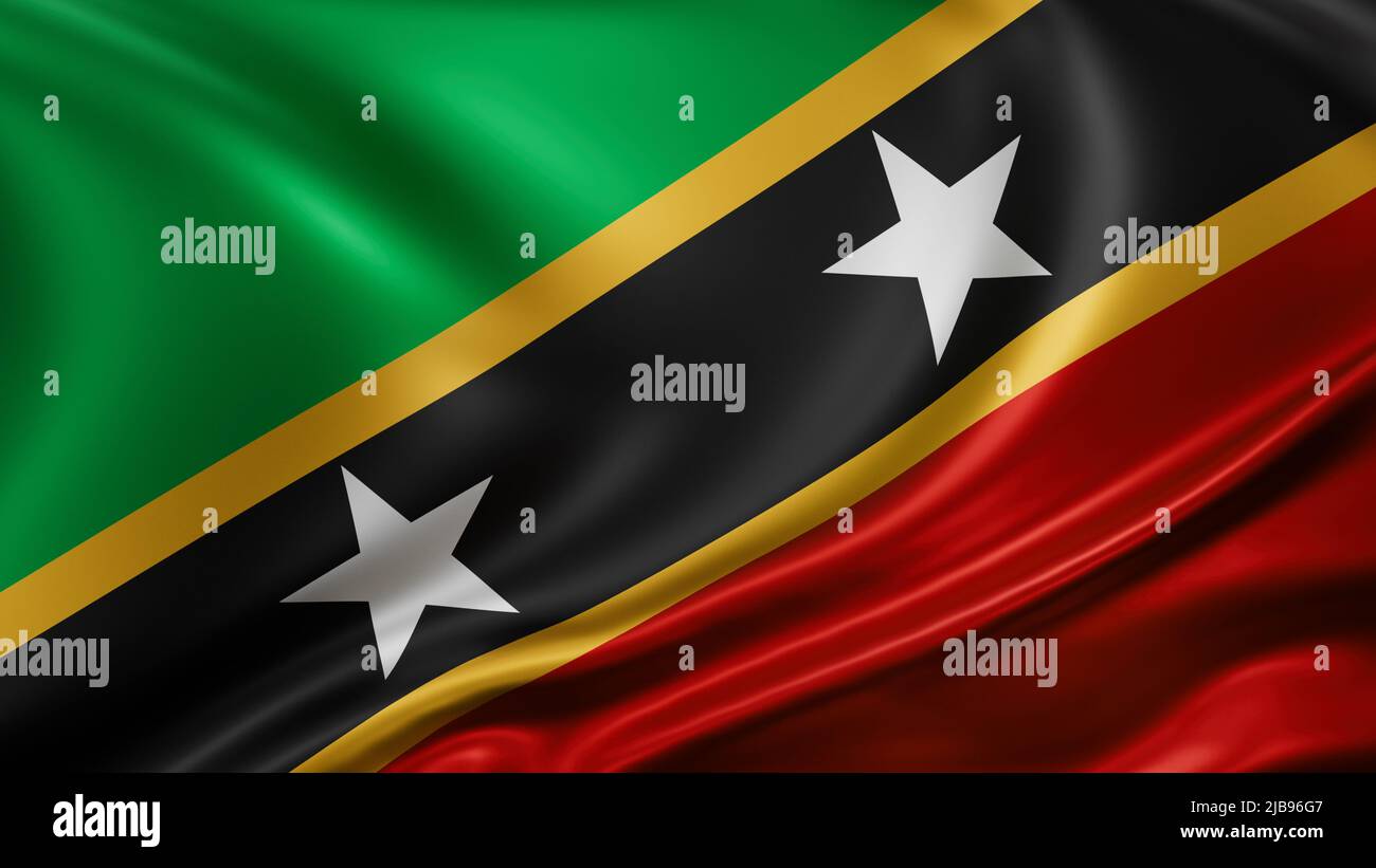 St. Kitts und Nevis Flagge Vollbild Hintergrund, Seide farbric, Nahaufnahme winken im Wind Stockfoto