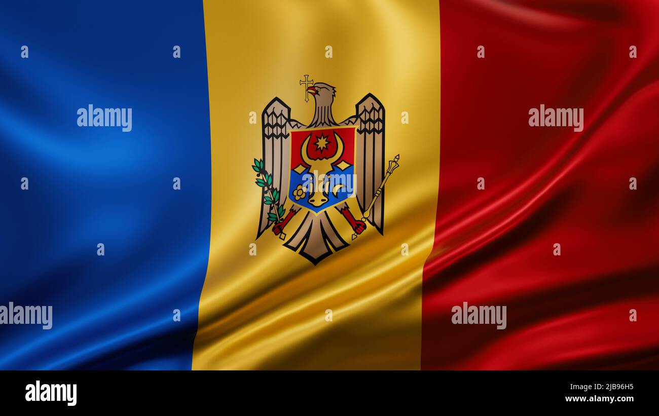 Moldawien Flagge Vollbild Hintergrund, Seide farbric, Nahaufnahme winken im Wind Stockfoto