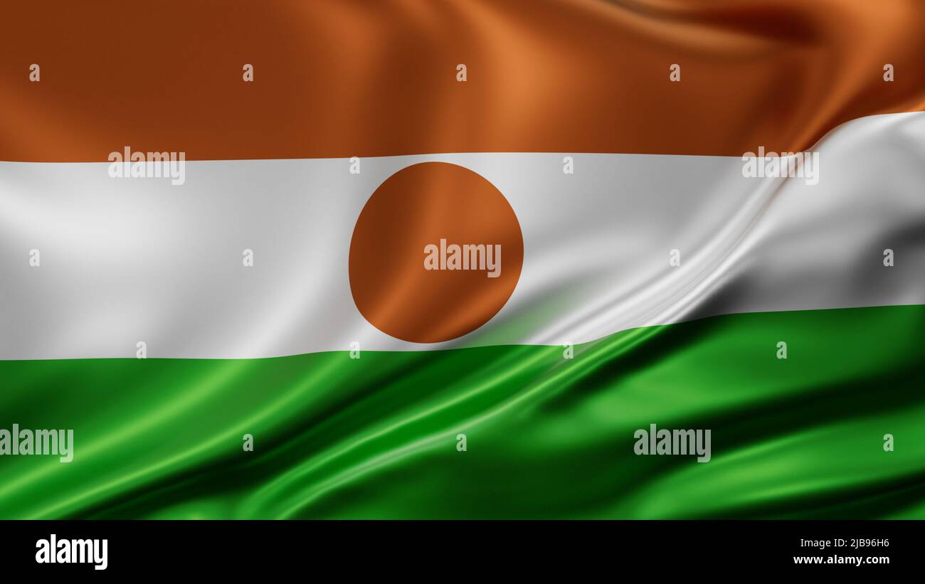 Niger Flagge Vollbild Hintergrund, Seide farbric, Nahaufnahme winken im Wind Stockfoto