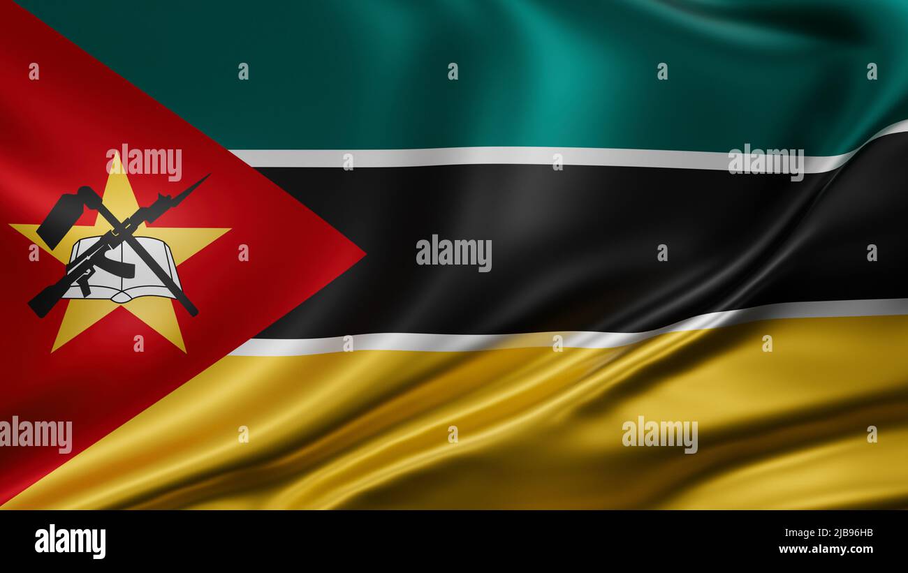 Mosambik Flagge Vollbild Hintergrund, Seide farbric, Nahaufnahme winken im Wind Stockfoto