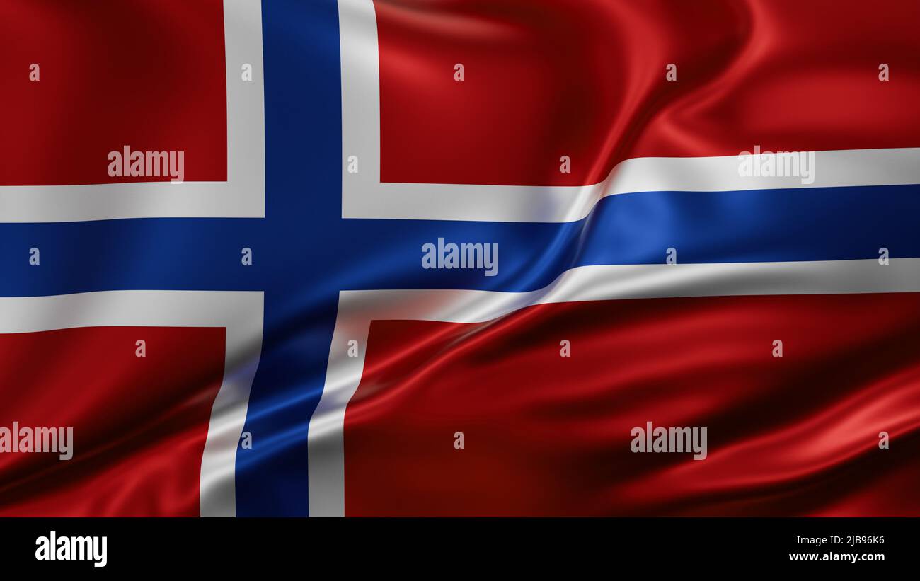 Norwegen Flagge Vollbild Hintergrund, Seide farbric, Nahaufnahme winken im Wind Stockfoto