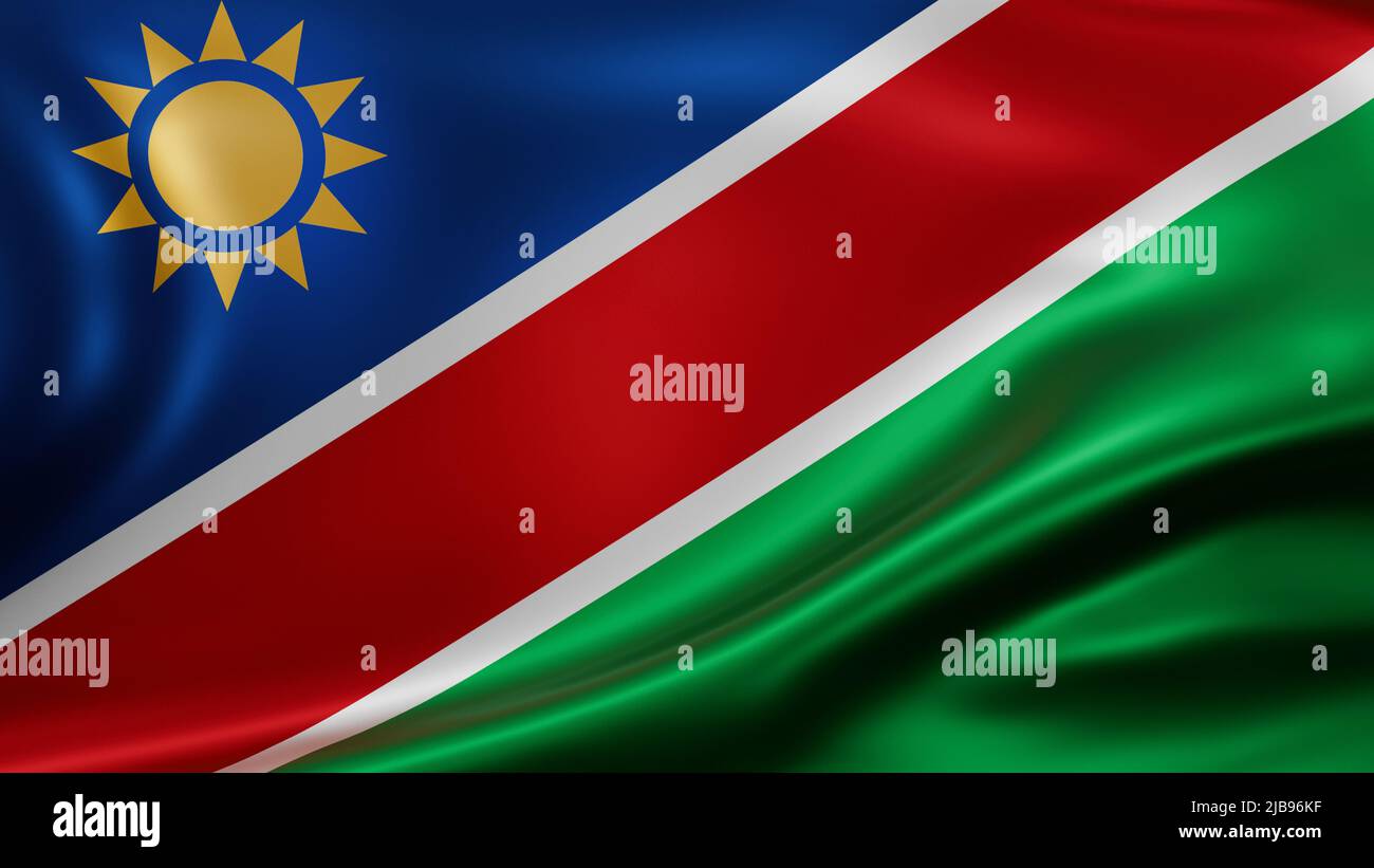 Namibia Flagge Vollbild Hintergrund, Seide farbric, Nahaufnahme winken im Wind Stockfoto