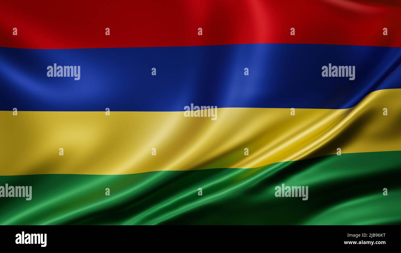 Mauritius-Flagge im Vollbildmodus Hintergrund, Seide farbric, Nahaufnahme winkt im Wind Stockfoto