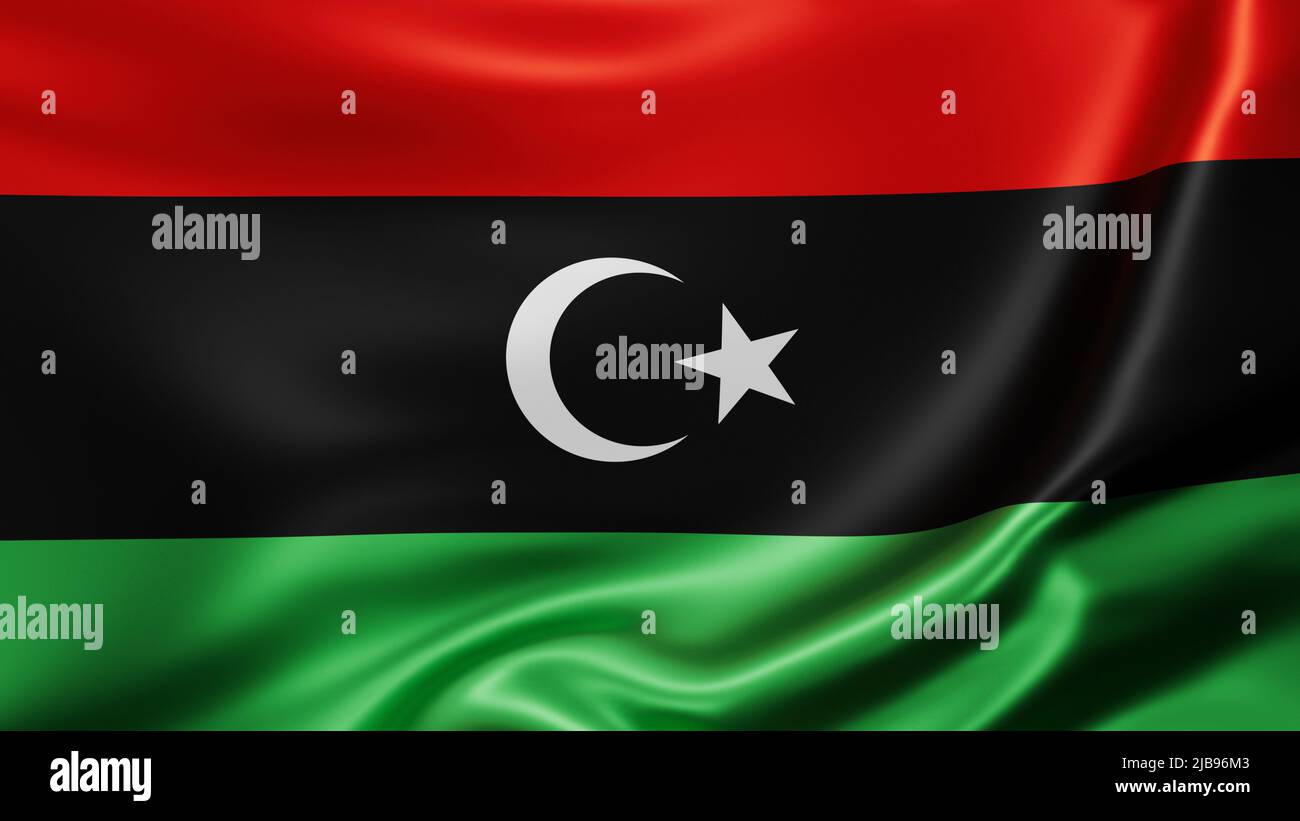 Libyenflagge im Vollbildmodus, Seidenfarbrik, Nahaufnahme winkt im Wind Stockfoto