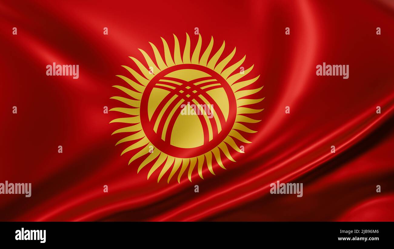 Kirgisistan Flagge Vollbild Hintergrund, Seide farbric, Nahaufnahme winken im Wind Stockfoto