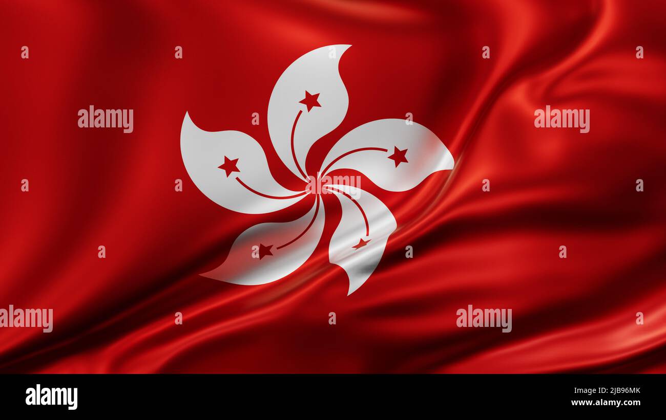 Hong Kong Nationalflagge Vollbild Hintergrund, Seide farbric, Nahaufnahme winken im Wind Stockfoto