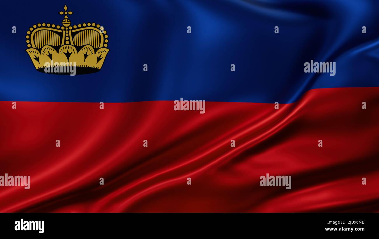Liechtenstein Flagge Vollbild Hintergrund, Seide farbric, Nahaufnahme winkt im Wind Stockfoto