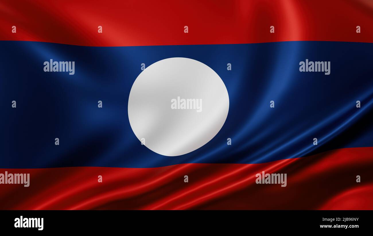 Laos Flagge Vollbild Hintergrund, Seide farbric, Nahaufnahme winken im Wind Stockfoto