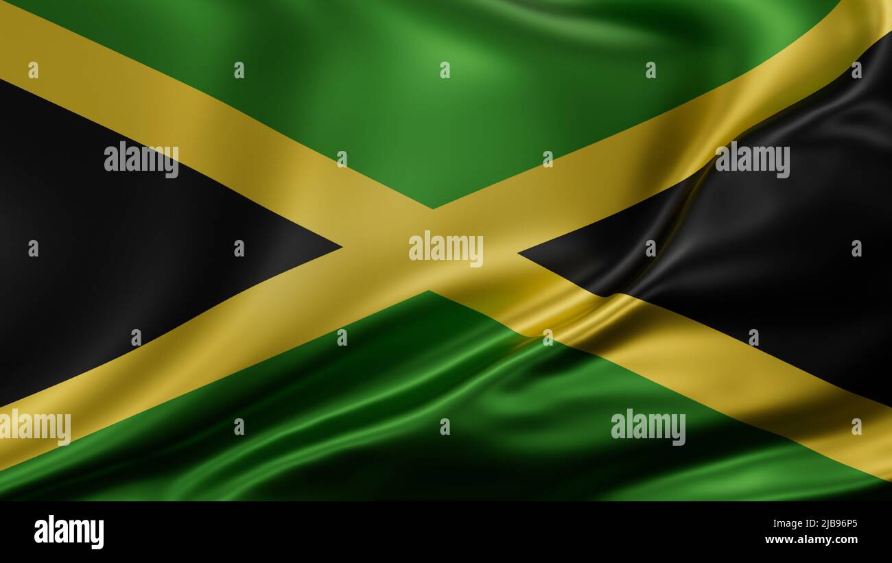 Jamaika Flagge Vollbild Hintergrund, Seide farbric, Nahaufnahme winken im Wind Stockfoto