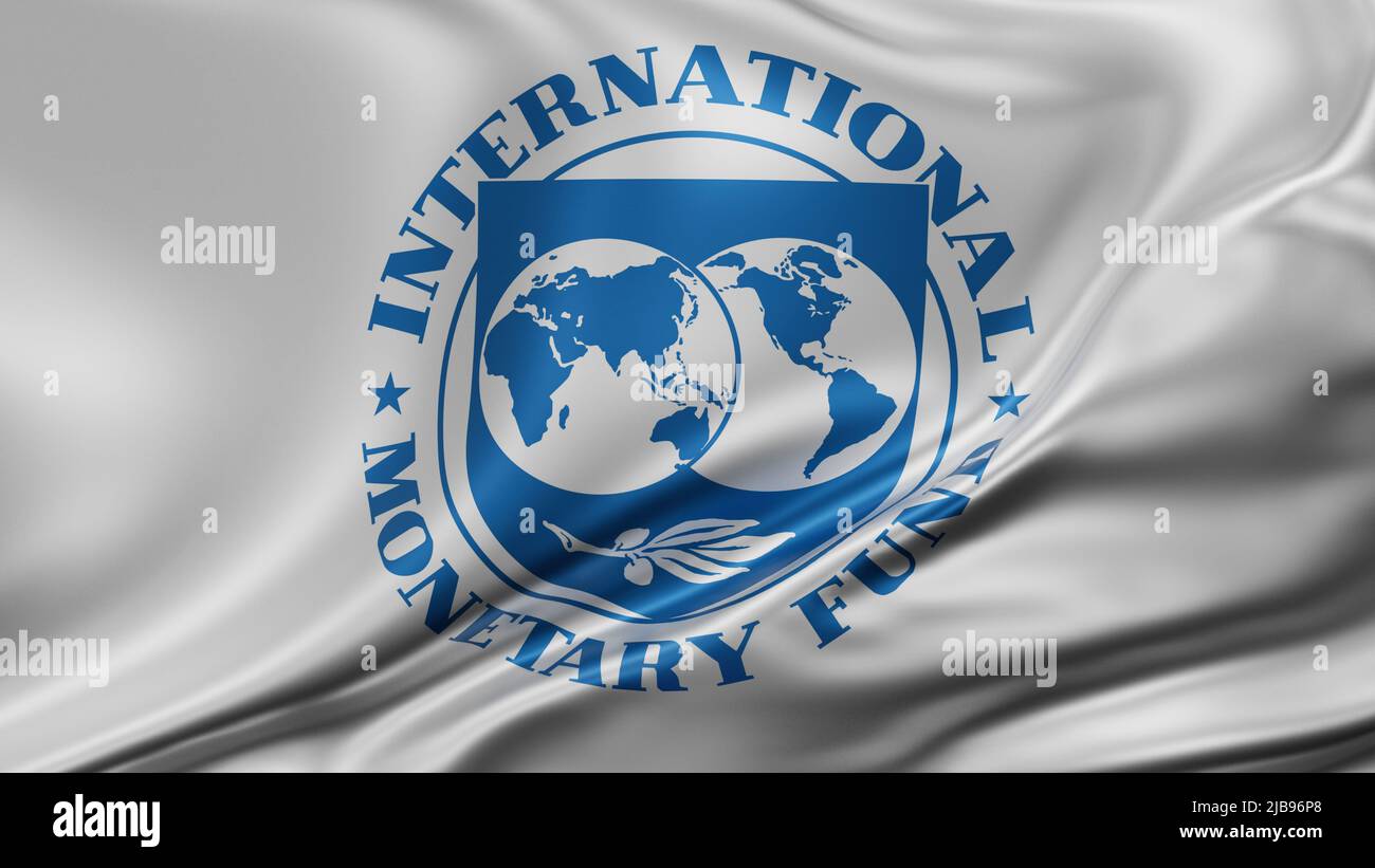 Internationaler Währungsfonds IWF-Nationalflagge im Vollbildmodus, Seidenfarbstoff, Nahaufnahme winkt im Wind Stockfoto