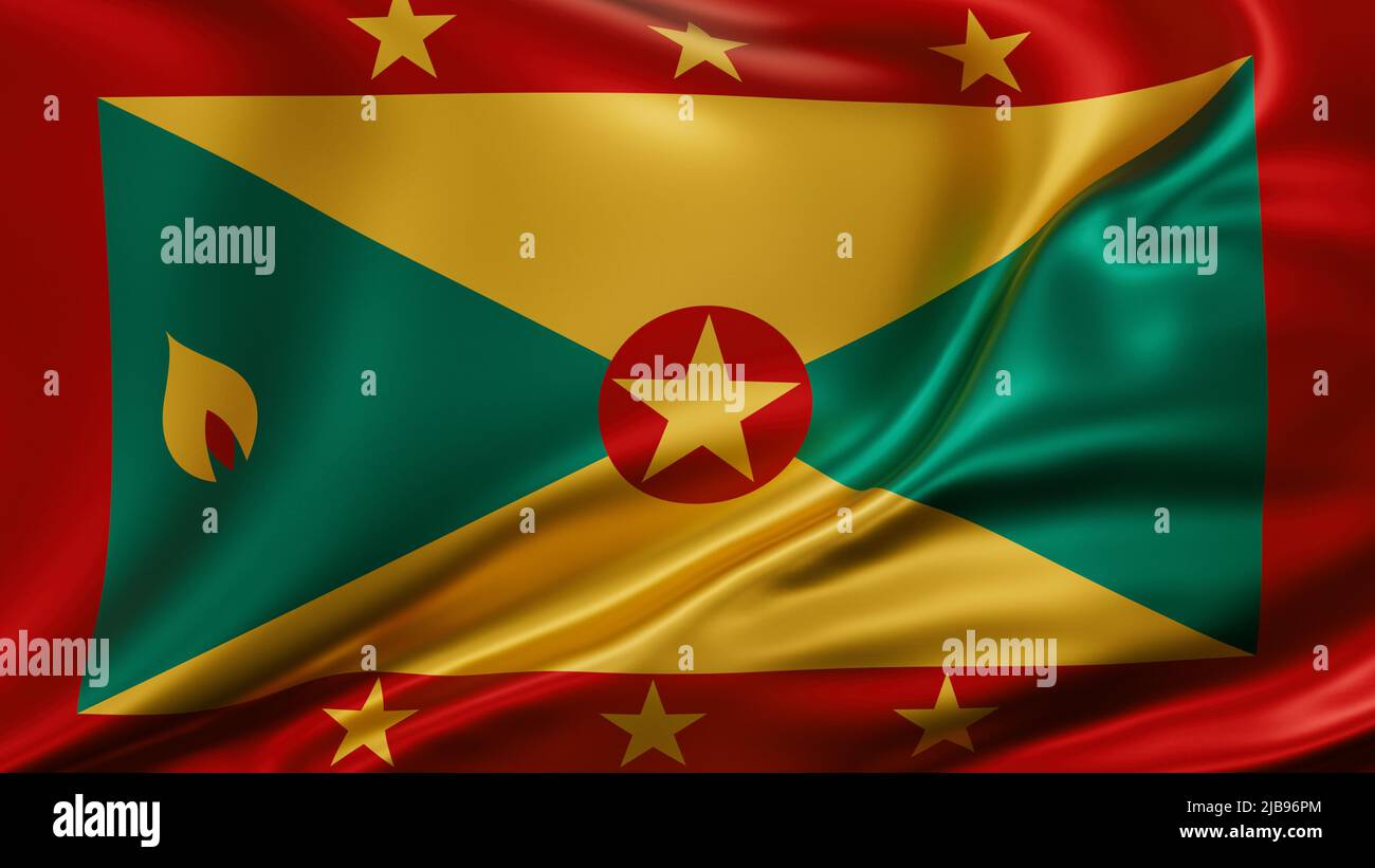 Grenadinational Flagge Vollbild Hintergrund, Seide farbric, Nahaufnahme winken im Wind Stockfoto