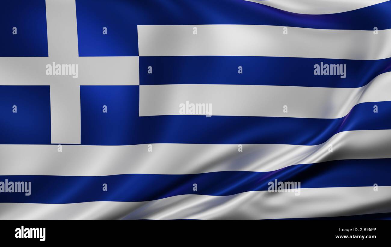 Griechische Nationalflagge im Vollbildmodus, Seidenfarbrik, Nahaufnahme winkt im Wind Stockfoto