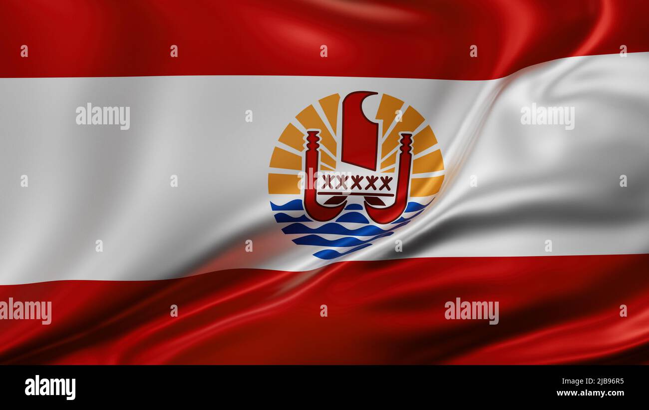 Französisch-Polynesien Nationalflagge Vollbild Hintergrund, Seide farbric, Nahaufnahme winken im Wind Stockfoto