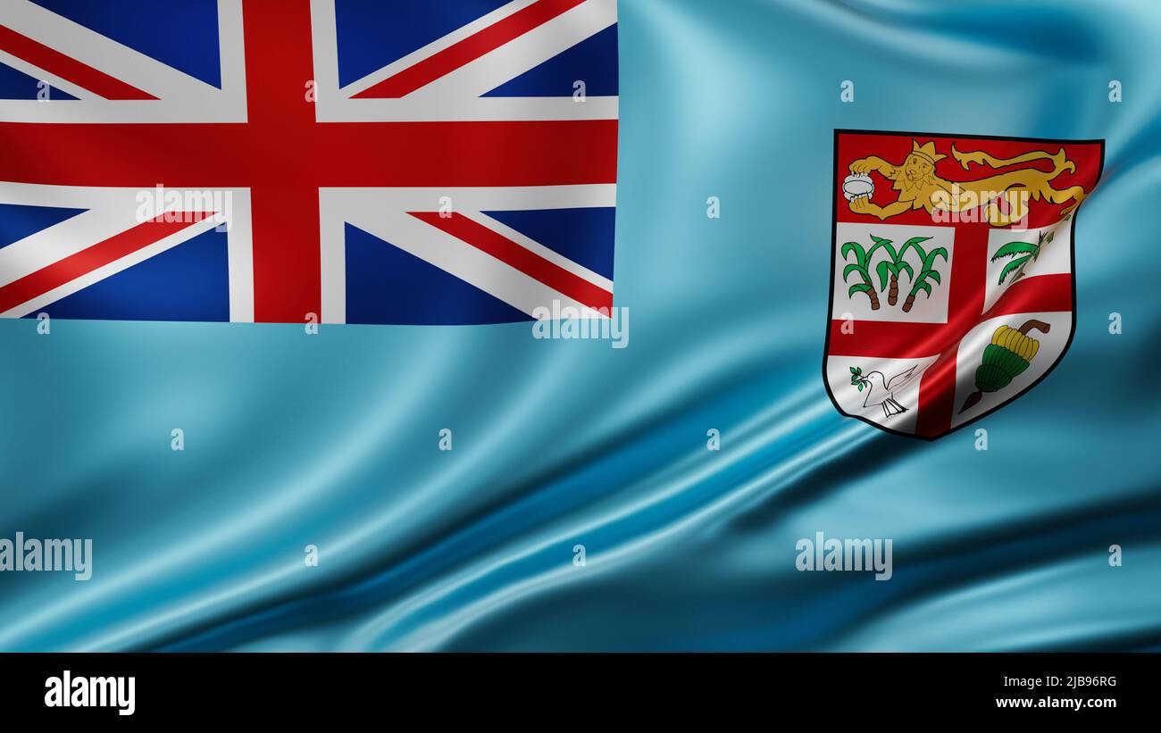 Fidschi-Nationalflagge im Vollbildmodus, Seidenfarbrik, Nahaufnahme winkt im Wind Stockfoto