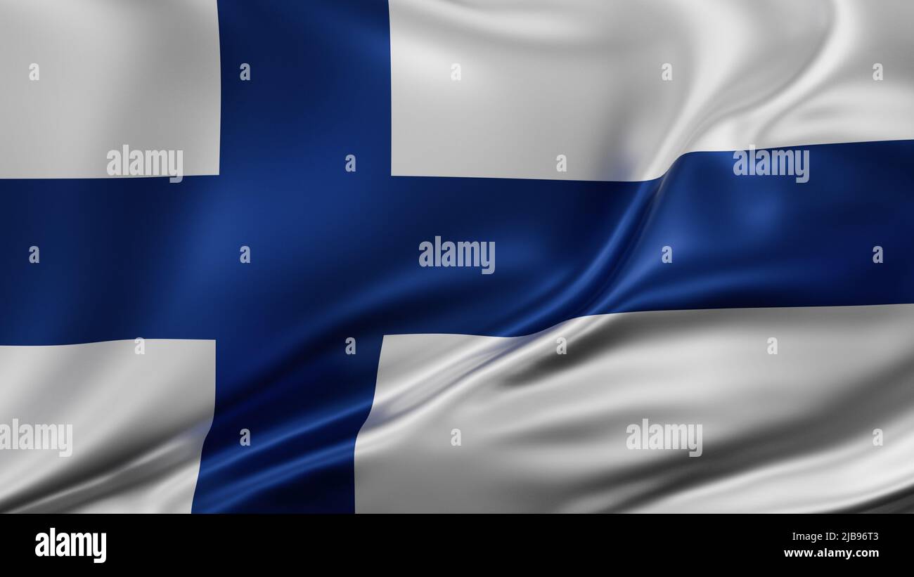 Finnische Nationalflagge im Vollbildmodus, Seidenfarbrik, Nahaufnahme winkt im Wind Stockfoto