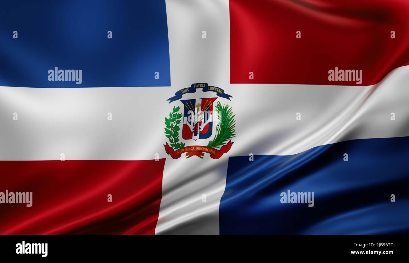Dominikanische Republik Nationalflagge Vollbild Hintergrund, Seide farbric, Nahaufnahme winken im Wind Stockfoto