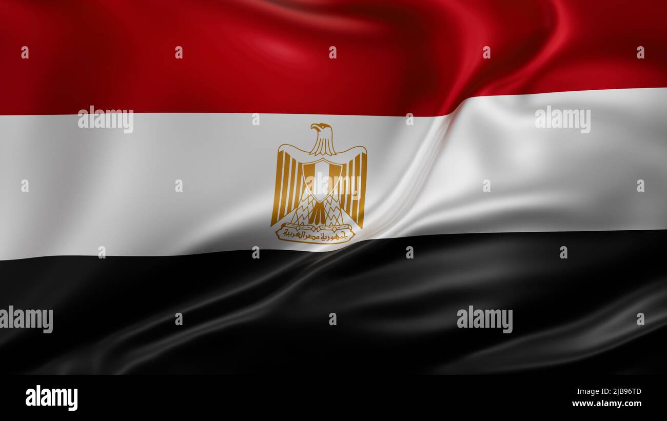 Ägyptische Nationalflagge im Vollbildmodus, Seidenfarbrik, Nahaufnahme winkt im Wind Stockfoto