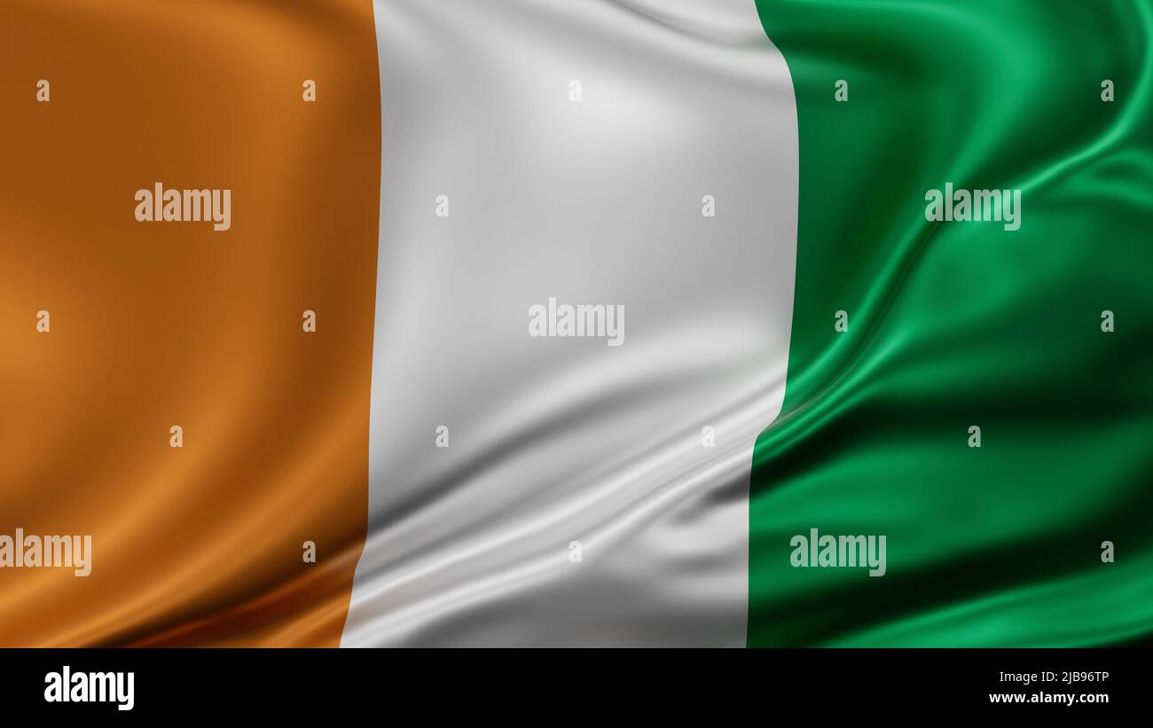Elfenbeinküste alias Cote dElfenbeinflagge Vollbild Hintergrund, Seidenfarbrik, Nahaufnahme winkt im Wind Stockfoto