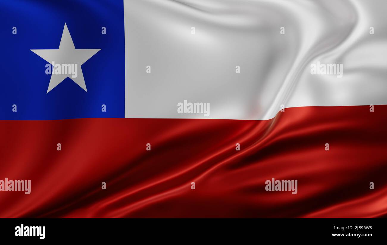 Chilenische Nationalflagge im Vollbildmodus, Seidenfarbrik, Nahaufnahme winkt im Wind Stockfoto