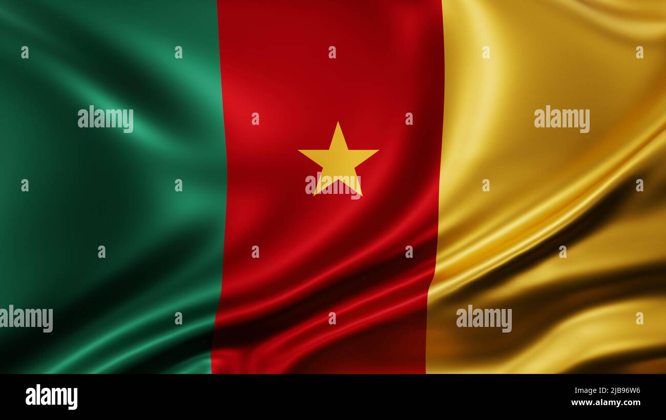 Kamerun Nationalflagge Vollbild Hintergrund, Seide farbric, Nahaufnahme winken im Wind Stockfoto