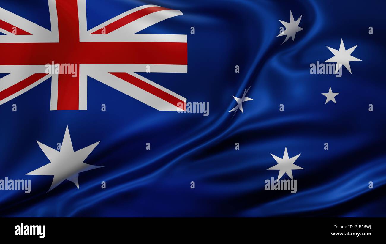 Australien Nationalflagge im Vollbildmodus, Seidenfarbrik, Nahaufnahme winkt im Wind Stockfoto