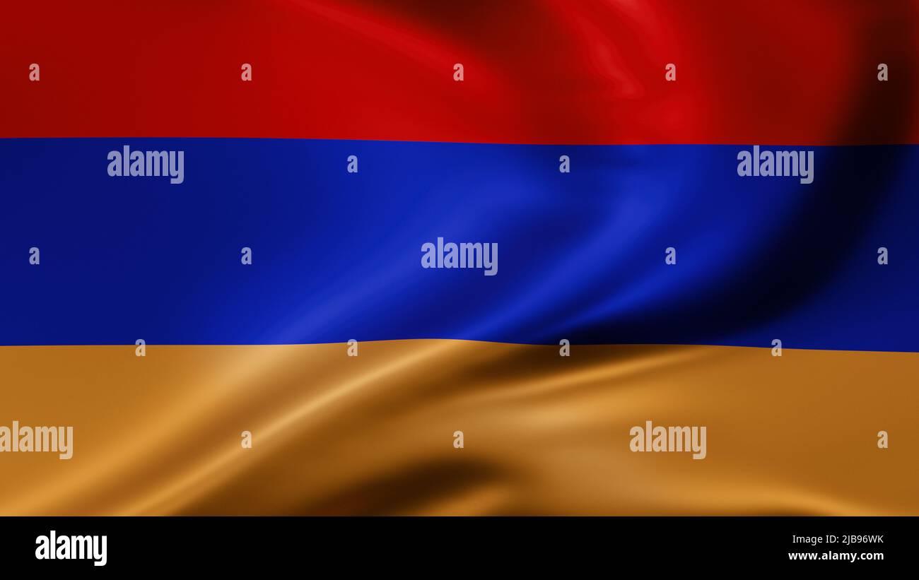 Armenische Nationalflagge im Vollbildmodus, Seidenfarbrik, Nahaufnahme winkt im Wind Stockfoto