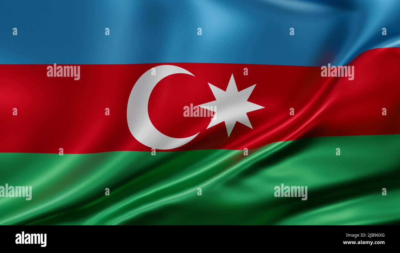 Aserbaidschanische Nationalflagge im Vollbildmodus, Seidenfarbrik, Nahaufnahme winkt im Wind Stockfoto
