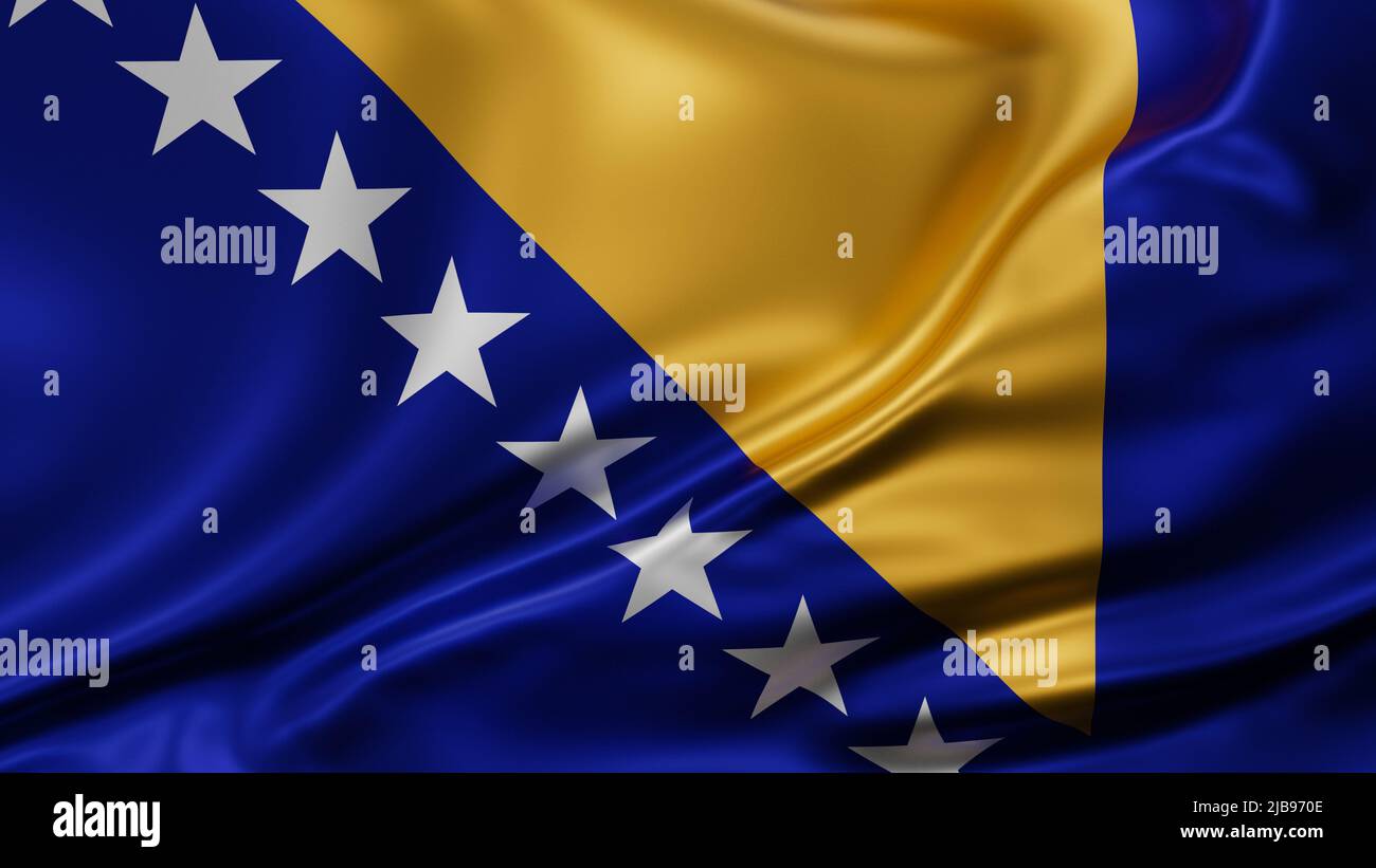 Bosnien und Herzegowina, Nationalflagge im Vollbildmodus, Seidenfarbrik, Nahaufnahme winkt im Wind Stockfoto