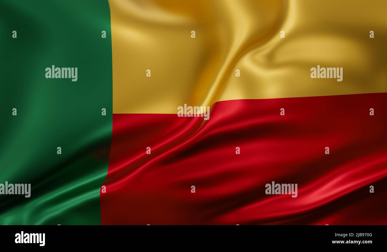 Benin-Nationalflagge im Vollbildmodus, Seidenfarbrik, Nahaufnahme winkt im Wind Stockfoto