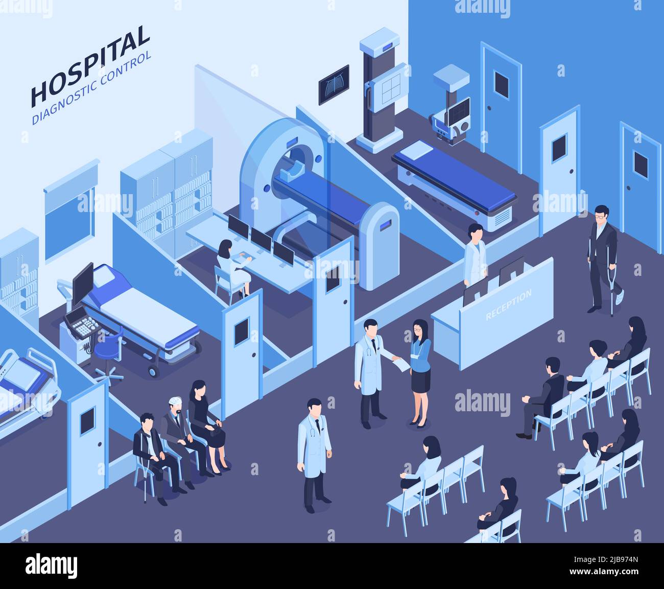 Isometrische Zusammensetzung des Krankenhausinnenraums mit Rezeption, Rezeption, Wartesaal, diagnostischer Ultraschall, mrt-Scanner, Patienten, Vektordarstellung Stock Vektor