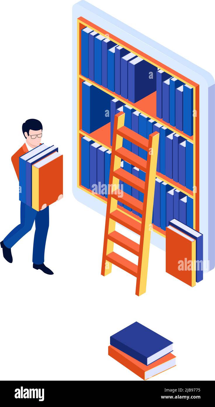 Online-Bibliothek Konzept mit isometrischem Bücherregal auf Tablet-Bildschirm und Mann trägt Bücher Vektor-Illustration Stock Vektor