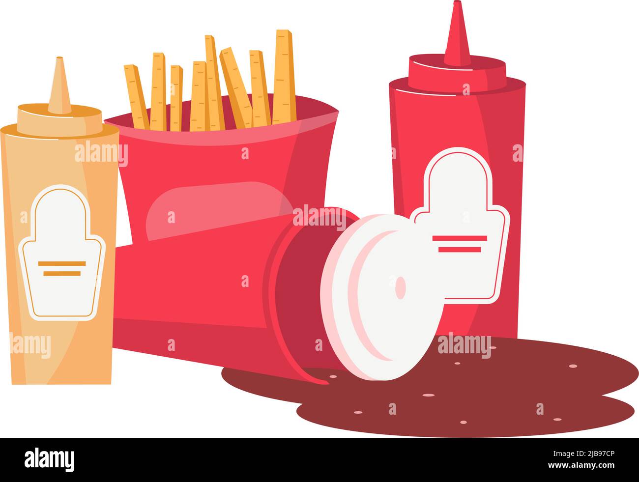 Flache Zusammensetzung von Junk-Food mit pommes frites, einer Flasche Ketchup-Senf und verschütteter Koks Stock Vektor