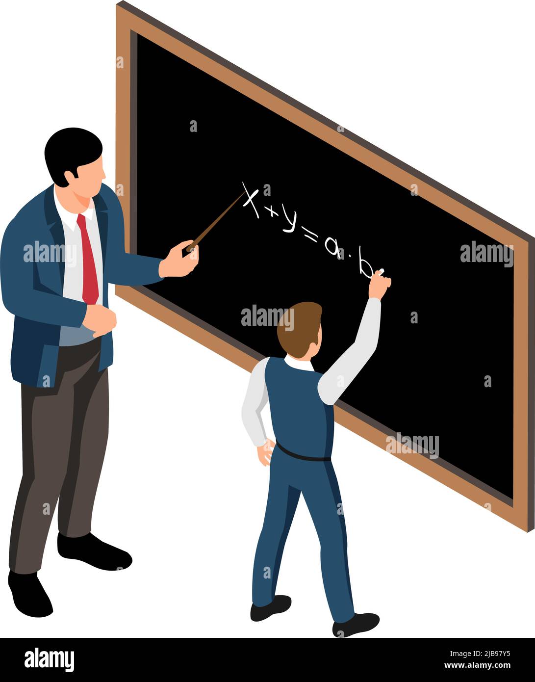 Isometrische Schule Lektion Symbol mit männlichen Lehrer und Schüler tun Summen an Bord Vektor-Illustration Stock Vektor
