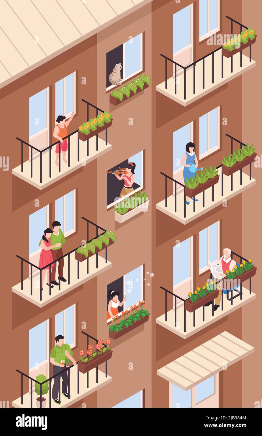 Isometrische Nachbarn Zusammensetzung mit Blick auf Hochhaus-Wohnhaus mit Balkonen und Zeichen der Nachbarn Vektor-Illustration Stock Vektor