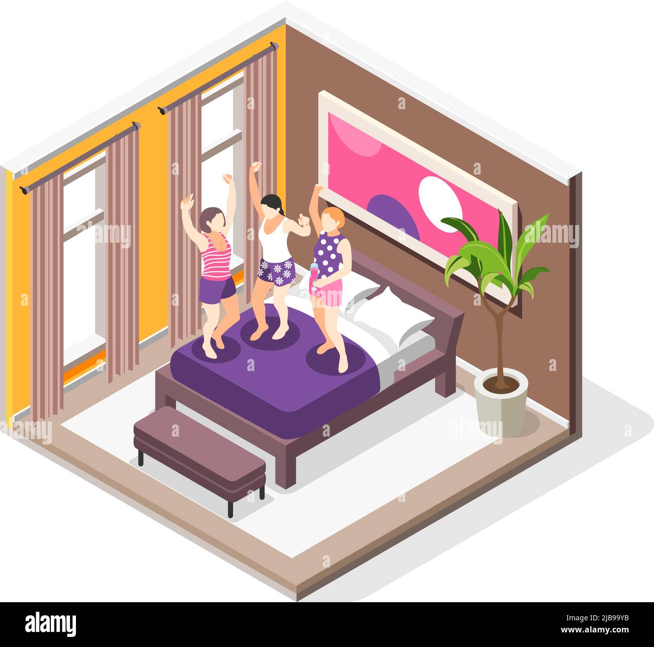 Pyjama Party isometrische Zusammensetzung mit drei jungen glücklichen Mädchen springen auf dem Bett in Hause Innenraum Vektor-Illustration Stock Vektor