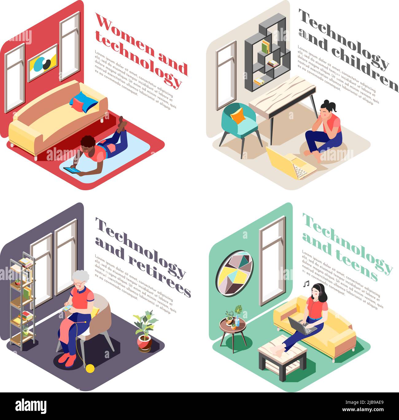 Frauen und Technologie 2x2 Design-Konzept mit weiblichen Charakteren unterschiedlichen Alters mit Gadgets im Alltag isometrische Vektor-Illustration gesetzt Stock Vektor