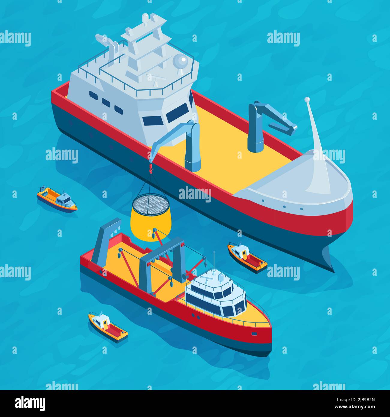 Isometrische kommerzielle Fischerei quadratische Zusammensetzung mit kleinen und großen Schleppnetzen ausgestattete Boote in offenen Meer Landschaft Vektor-Illustration Stock Vektor
