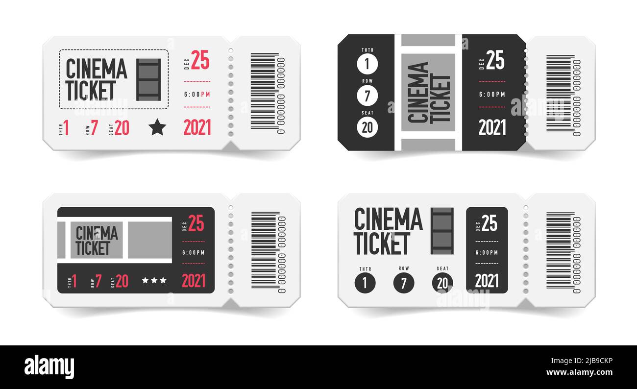 Realistisches Leerticket-Kino-Set mit isolierten Bildern von Coupons mit aufgedrucktem Barcode und Vektorgrafik der Sitzplatznummer Stock Vektor